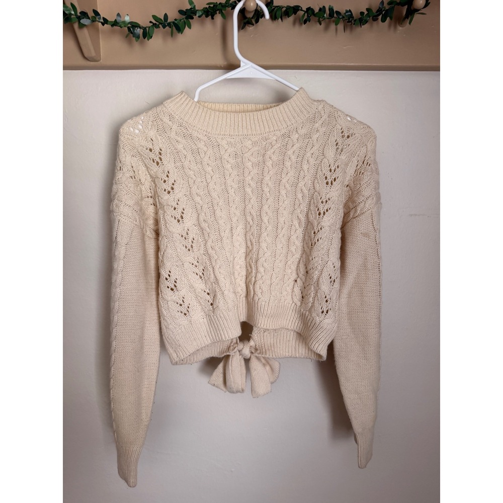 Cream Cable Knit Cropped Sweater Tie Back Pointelle Crew Neck Ivory Long Sleeve